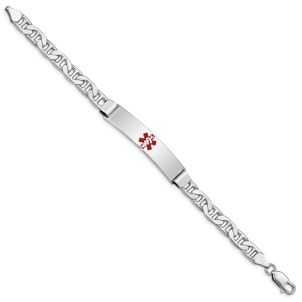 Sterling Silver Rhodium-plated Anchor Link Centered Red Enamel 43x Plate Medical ID Bracelet