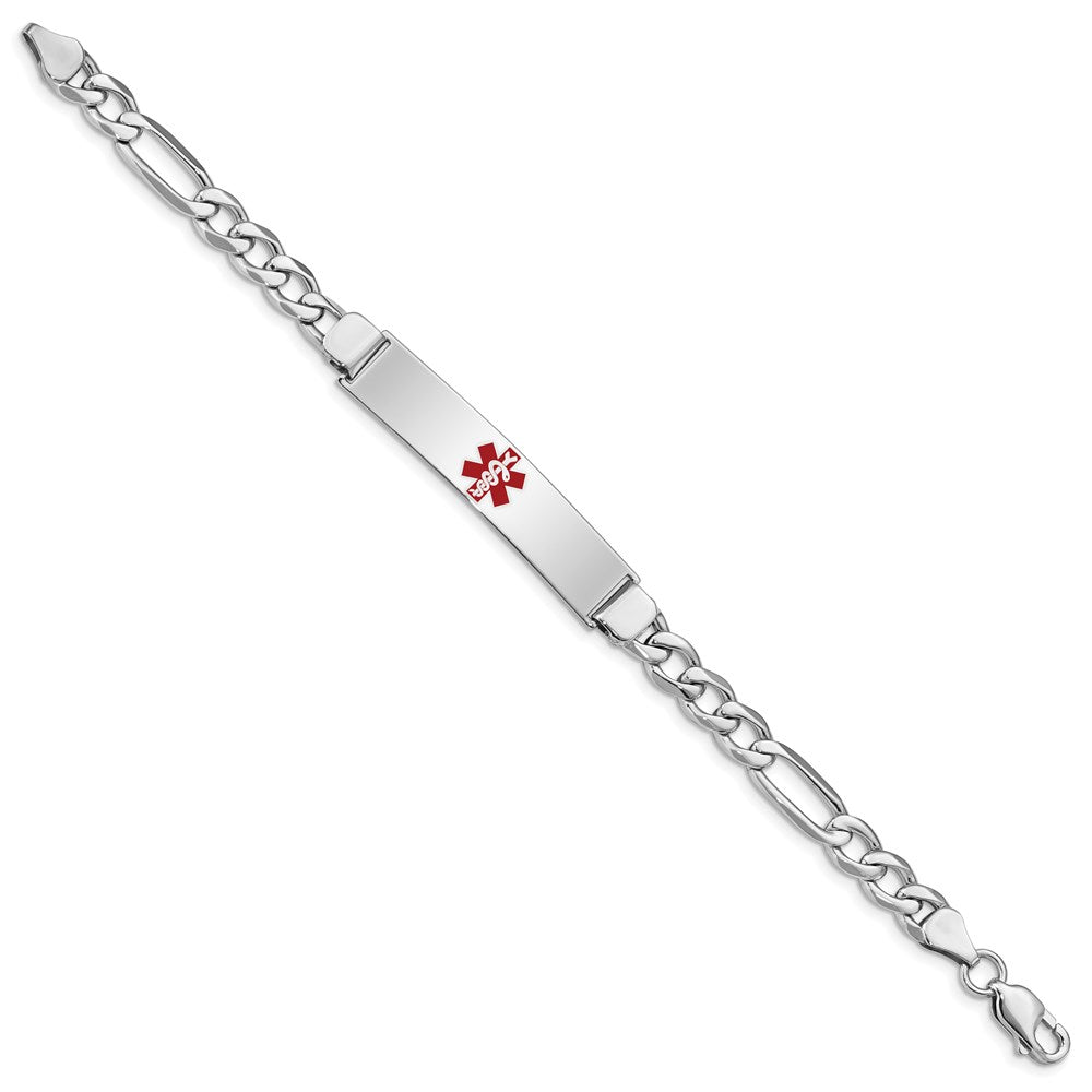 Sterling Silver Rhodium-plated Figaro Link Centered Red Enamel 43x Plate Medical ID Bracelet