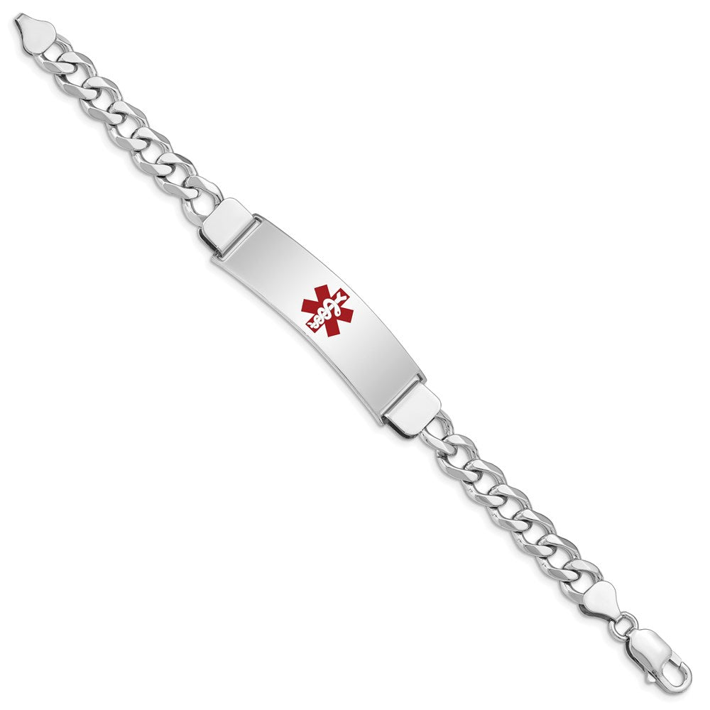 Sterling Silver Rhodium-plated Curb Link Centered Red Enamel 45x Plate Medical ID Bracelet