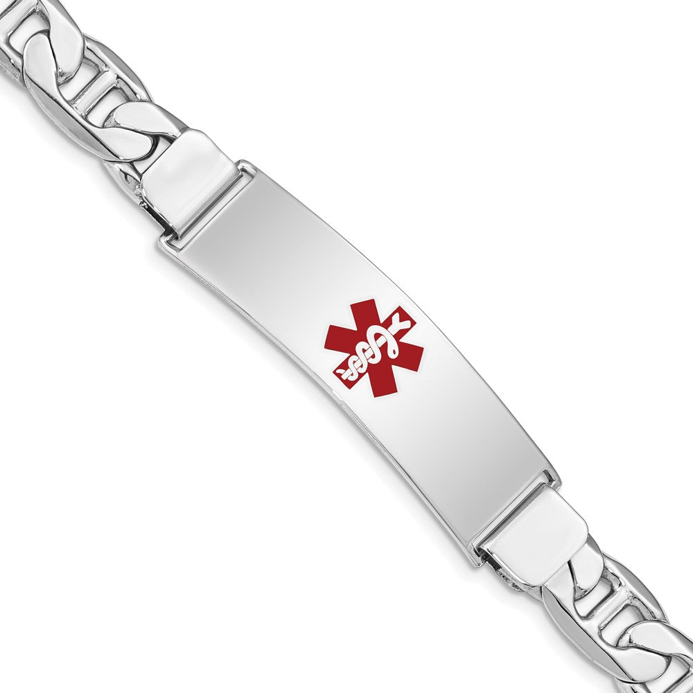 Sterling Silver Rhodium-plated Anchor Link Centered Red Enamel 45x Plate Medical ID Bracelet