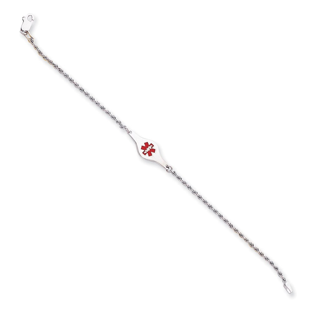 Sterling Silver Rhodium-plated Rope Link Centered Red Enamel 24x Plate Medical ID Bracelet