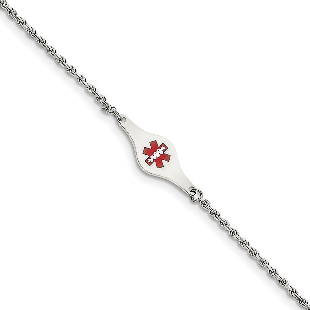 Sterling Silver Rhodium-plated Rope Link Centered Red Enamel 24x Plate Medical ID Bracelet