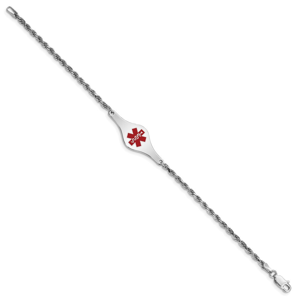 Sterling Silver Rhodium-plated Rope Link Centered Red Enamel 34x Plate Medical ID Bracelet