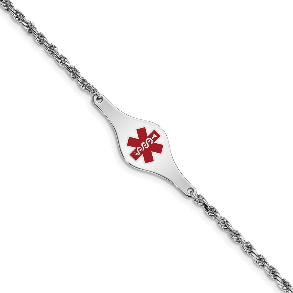 Sterling Silver Rhodium-plated Rope Link Centered Red Enamel 34x Plate Medical ID Bracelet