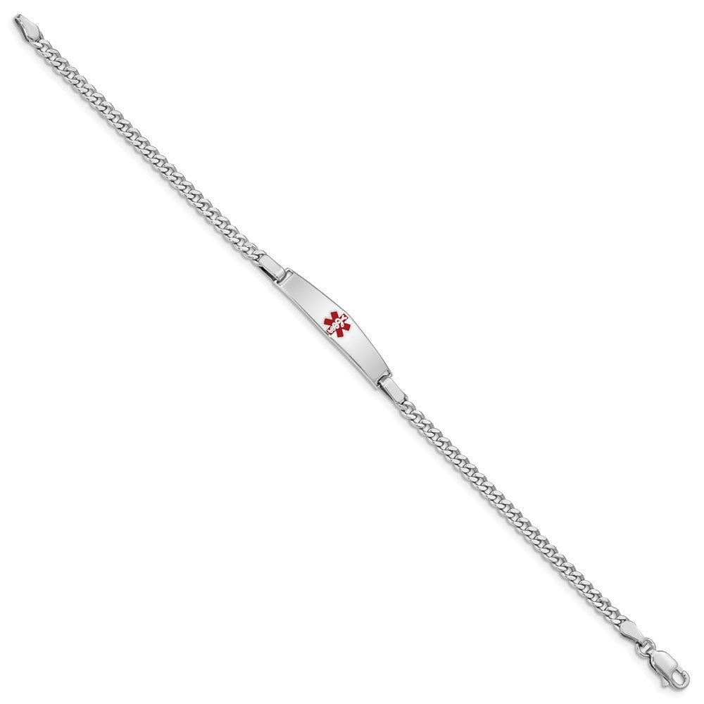 Sterling Silver Rhodium-plated Curb Link Centered Red Enamel 29x Plate Medical ID Bracelet