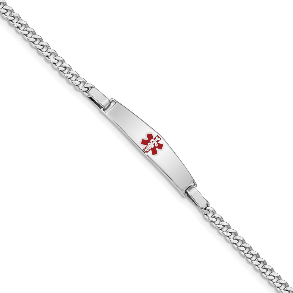 Sterling Silver Rhodium-plated Curb Link Centered Red Enamel 29x Plate Medical ID Bracelet