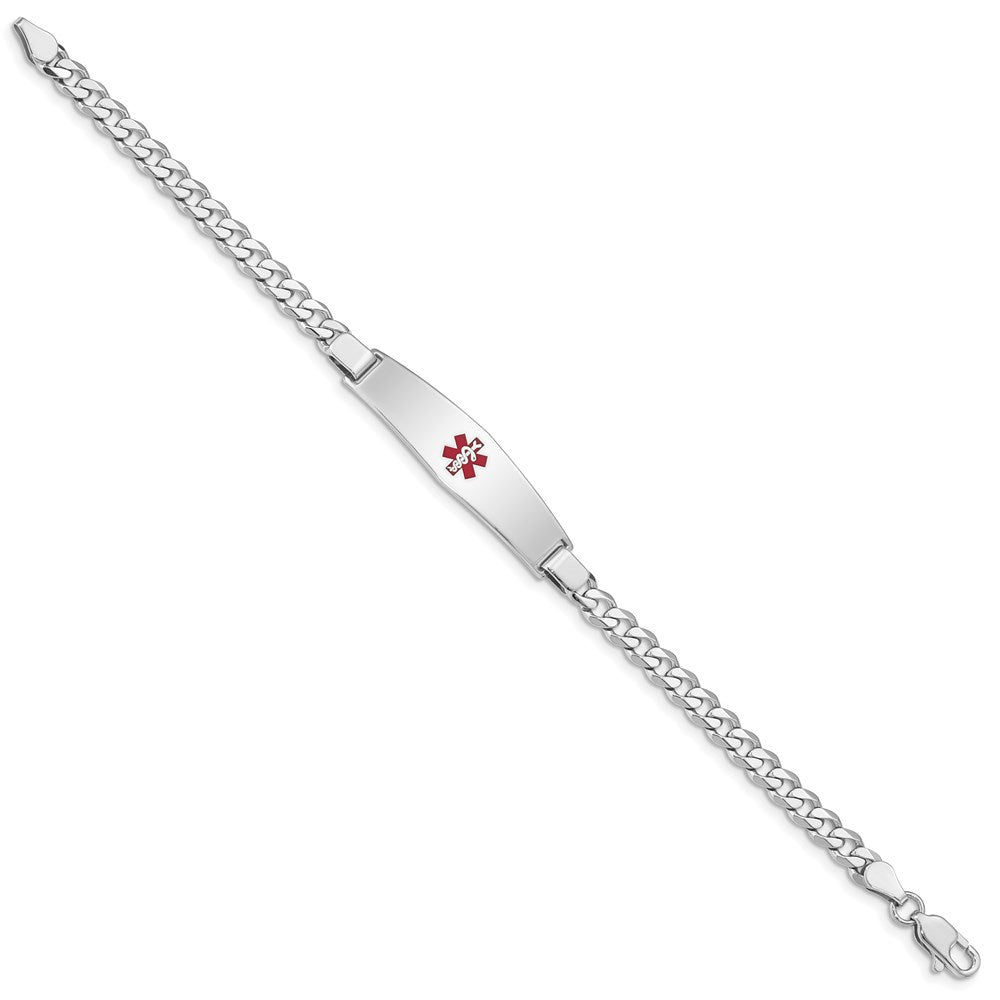 Sterling Silver Rhodium-plated Curb Link Centered Red Enamel 37x Plate Medical ID Bracelet