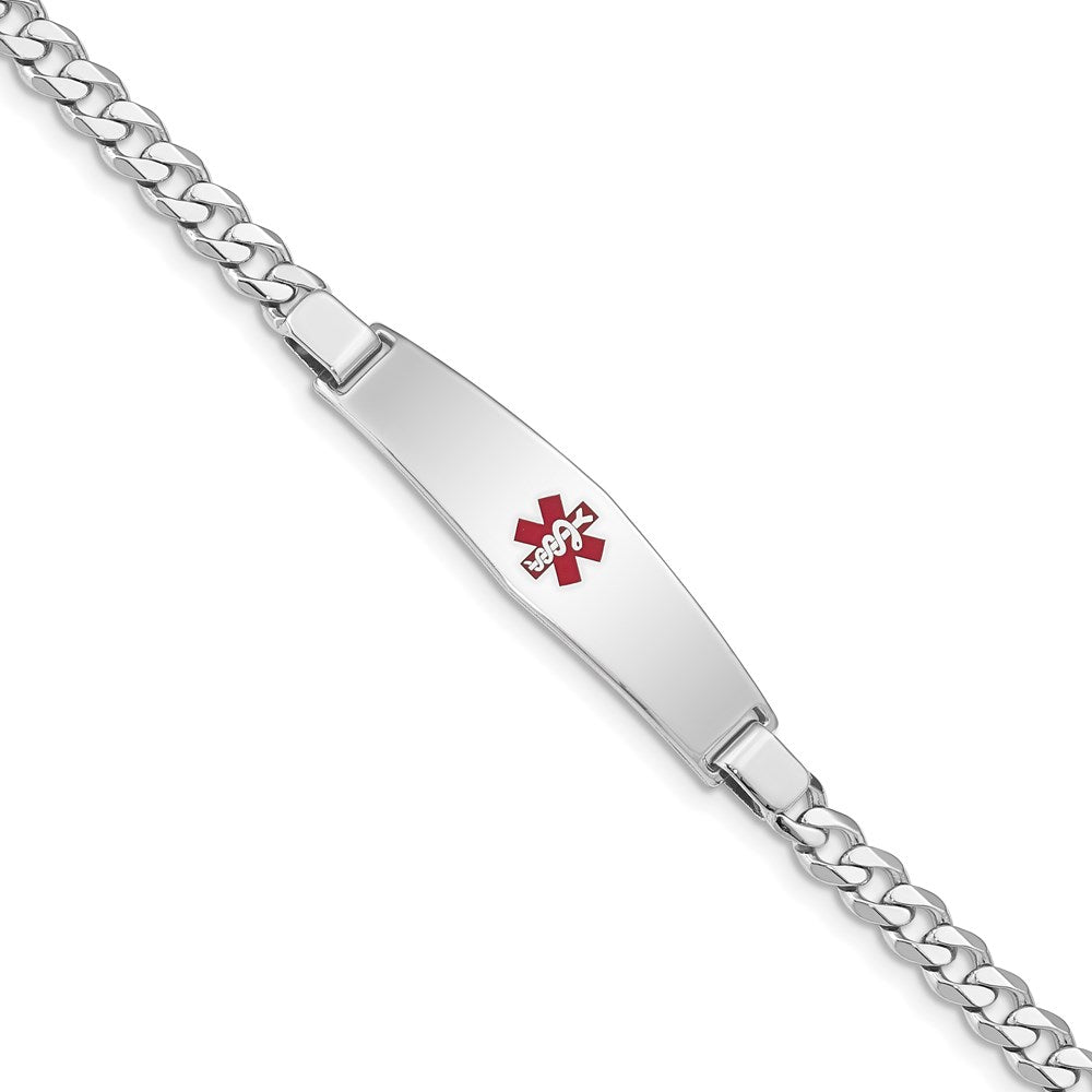 Sterling Silver Rhodium-plated Curb Link Centered Red Enamel 37x Plate Medical ID Bracelet