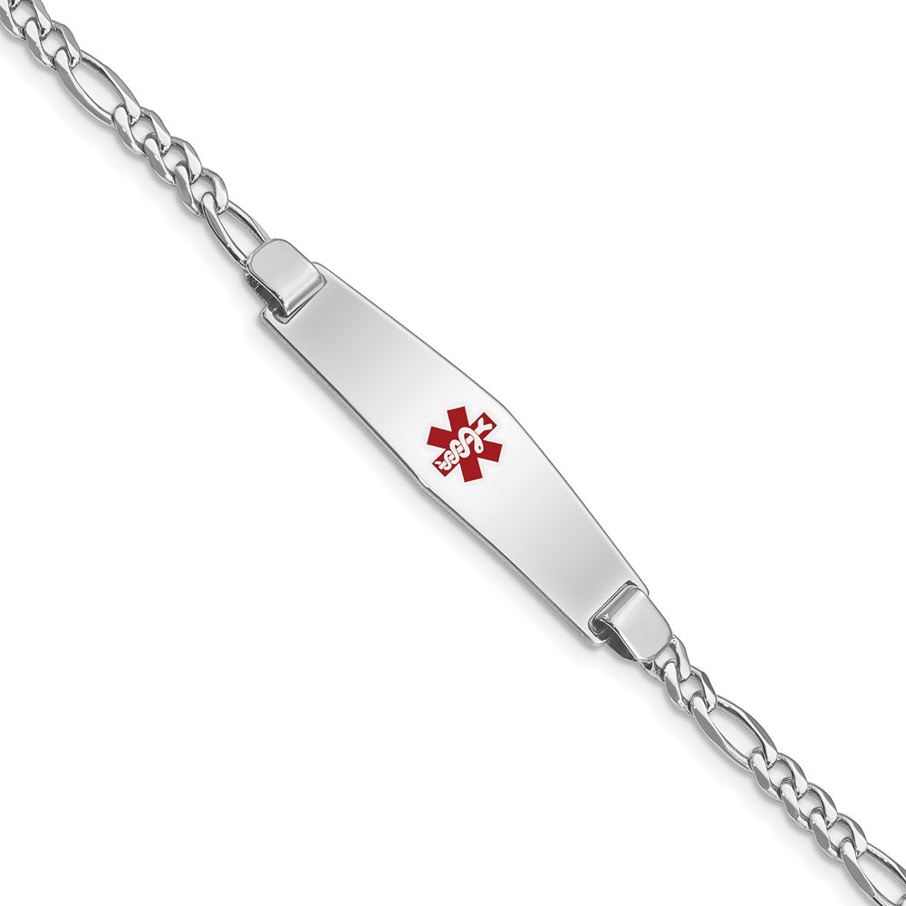 Sterling Silver Rhodium-plated Figaro Link Centered Red Enamel 37x Plate Medical ID Bracelet