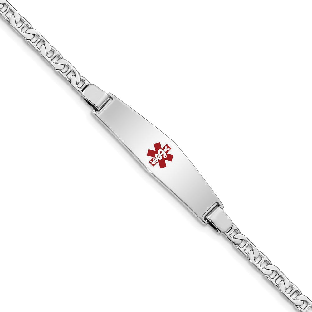 Sterling Silver Rhodium-plated Anchor Link Centered Red Enamel 37x Plate Medical ID Bracelet