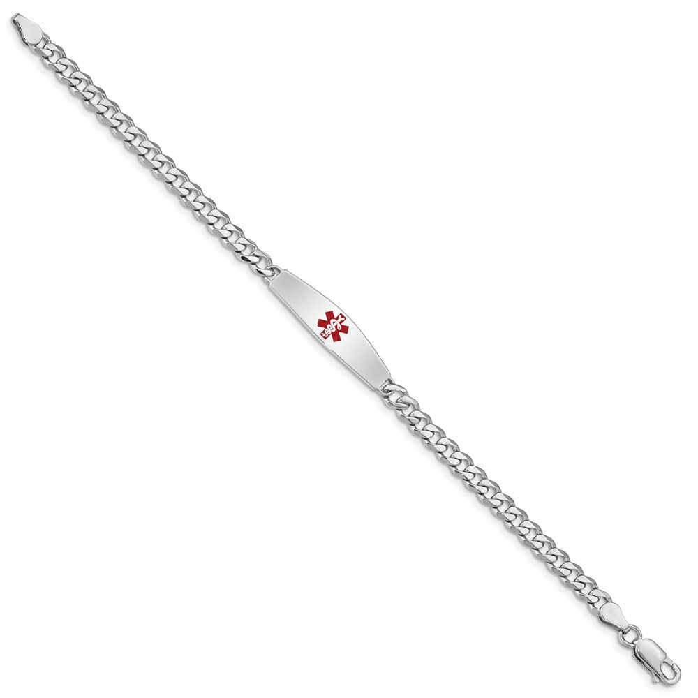 Sterling Silver Rhodium-plated Curb Link Centered Red Enamel 30x Plate Medical ID Bracelet