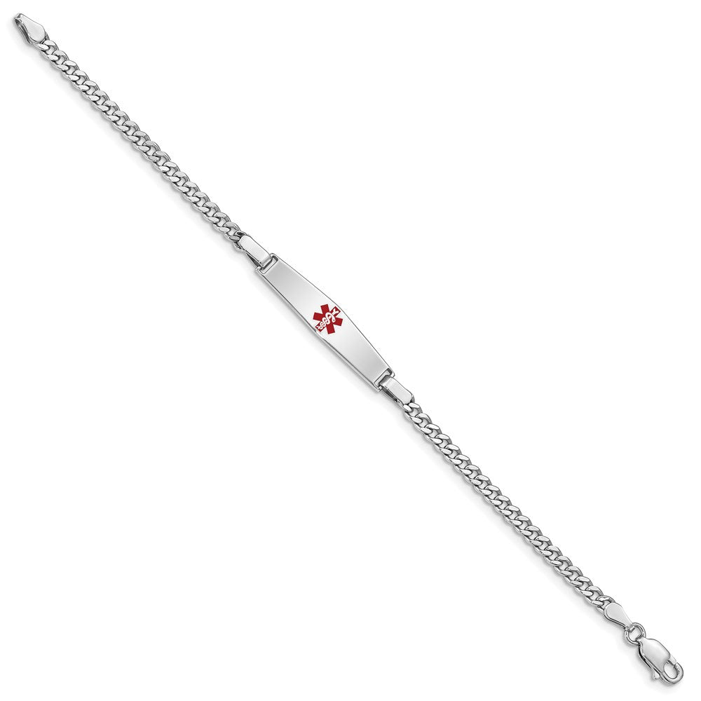 Sterling Silver Rhodium-plated Curb Link Centered Red Enamel 28x Plate Medical ID Bracelet