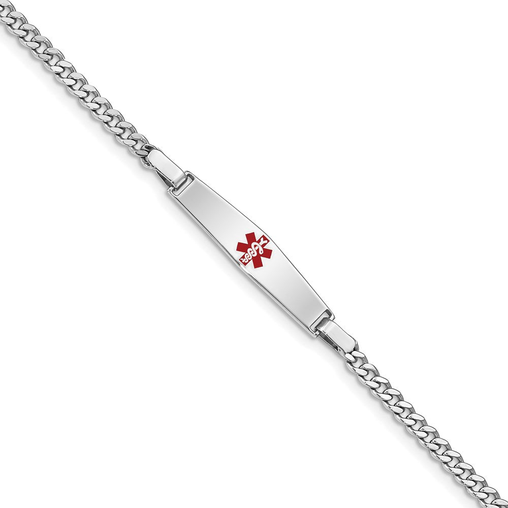 Sterling Silver Rhodium-plated Curb Link Centered Red Enamel 28x Plate Medical ID Bracelet