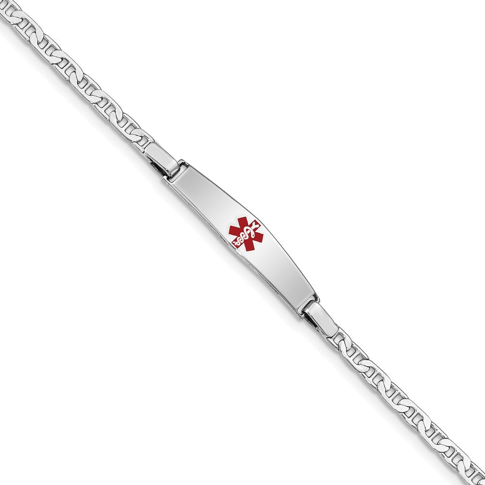 Sterling Silver Rhodium-plated Anchor Link Centered Red Enamel 28x Plate Medical ID Bracelet
