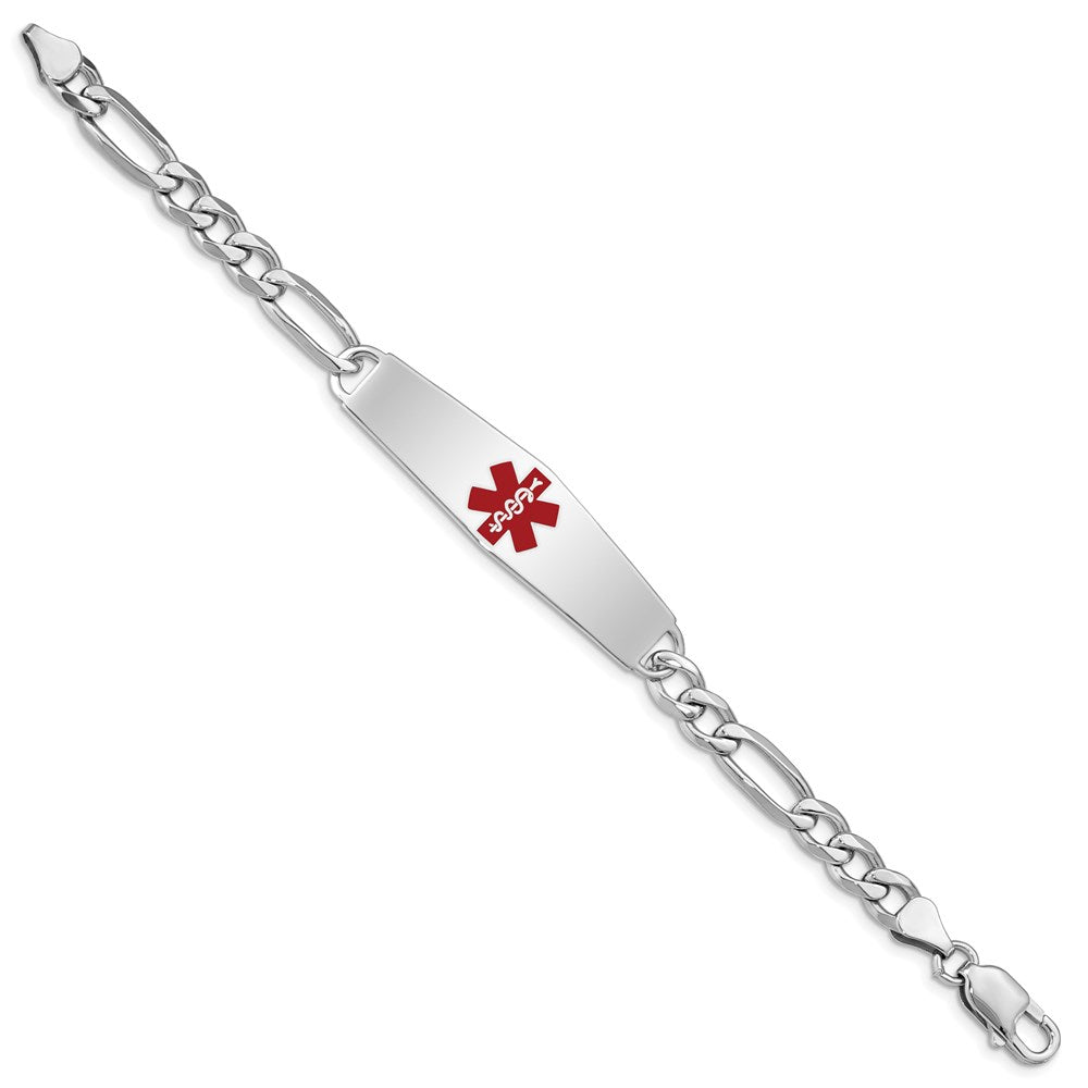 Sterling Silver Rhodium-plated Figaro Link Centered Red Enamel 47x Plate Medical ID Bracelet
