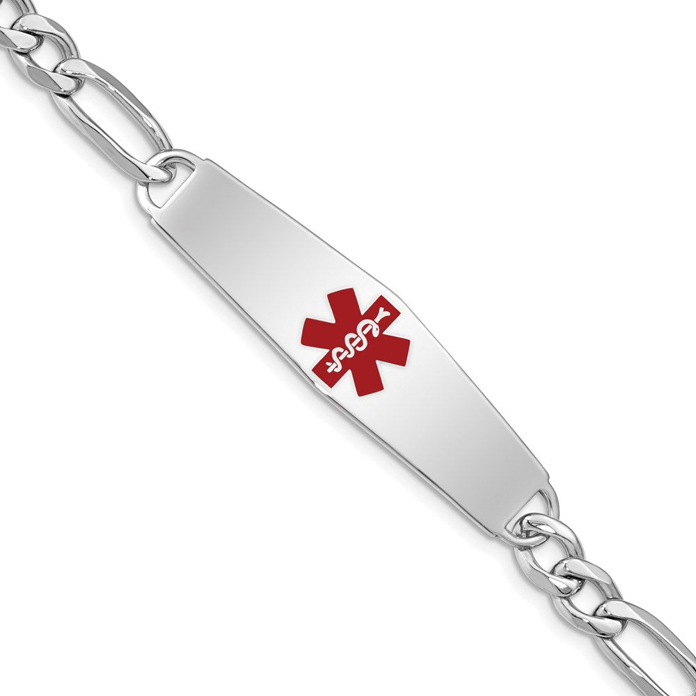Sterling Silver Rhodium-plated Figaro Link Centered Red Enamel 47x Plate Medical ID Bracelet