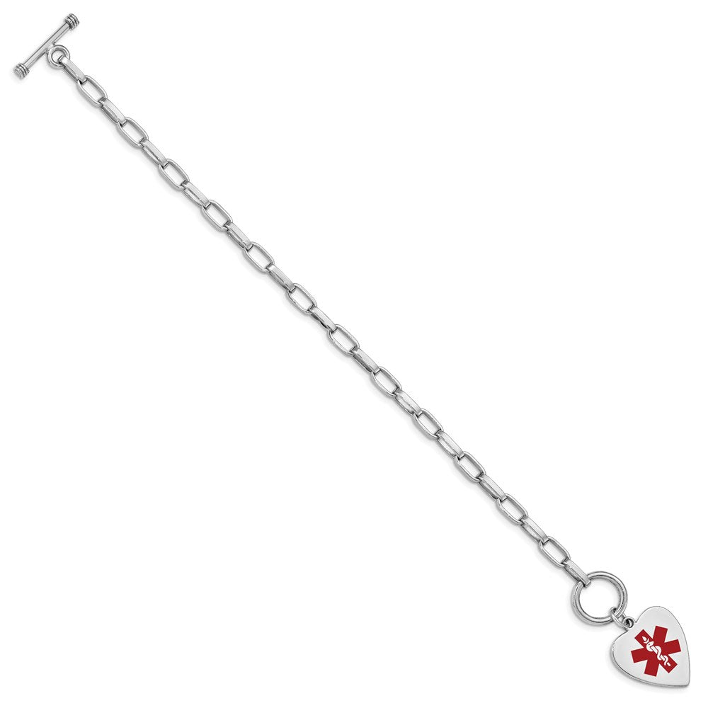 Sterling Silver Rhodium-plated Cable Link Engravable Red Enamel 23x Heart Disc Medical ID Bracelet