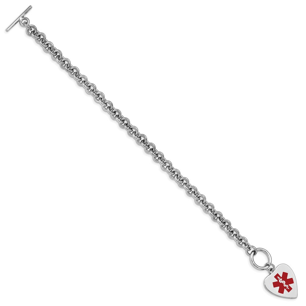 Sterling Silver Rhodium-plated Rolo Link Engravable Red Enamel 23x Heart Disc Medical ID Bracelet