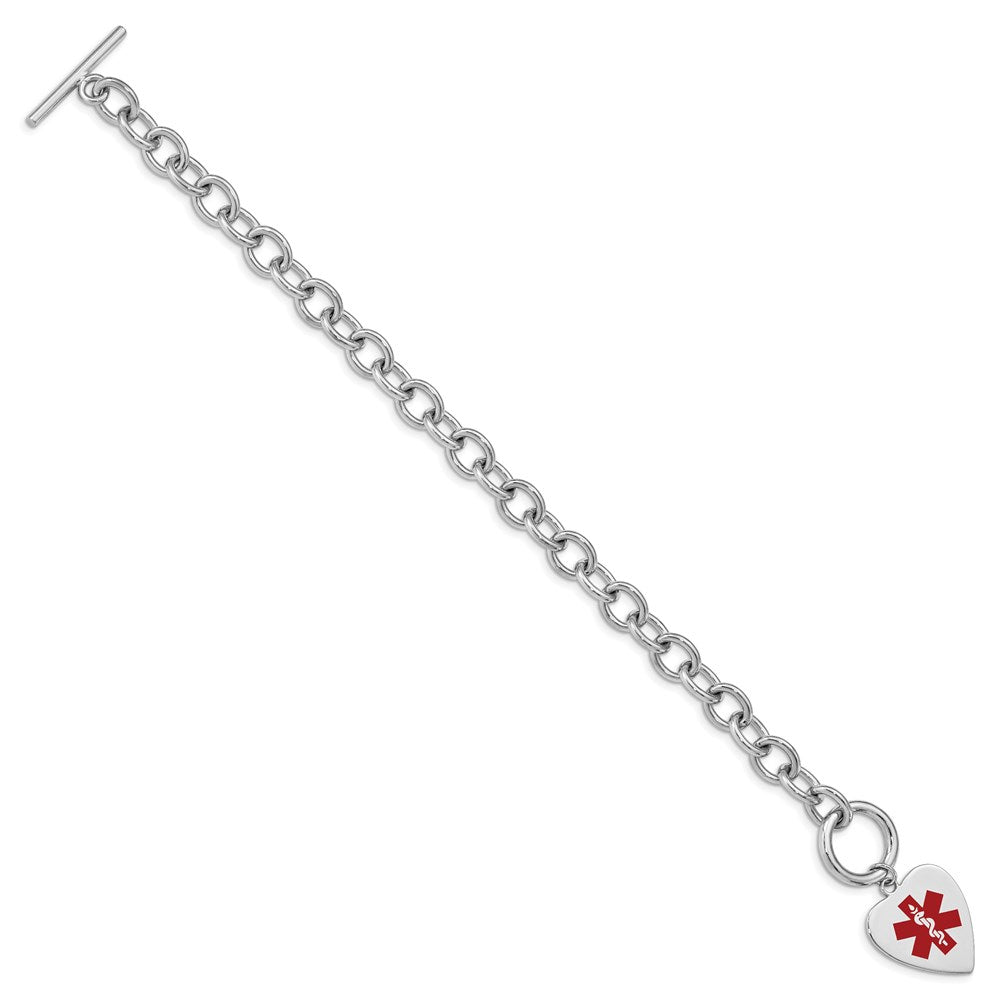 Sterling Silver Rhodium-plated Cable Link Engravable Red Enamel 23x Heart Disc Medical ID Bracelet