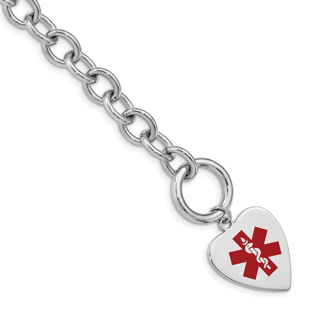 Sterling Silver Rhodium-plated Cable Link Engravable Red Enamel 23x Heart Disc Medical ID Bracelet