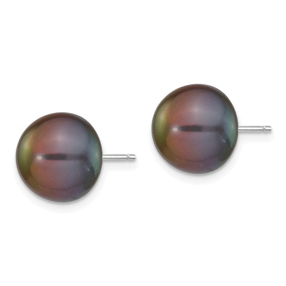 14k White Gold 10- Black Button Freshwater Cultured Pearl Stud Post Earrings