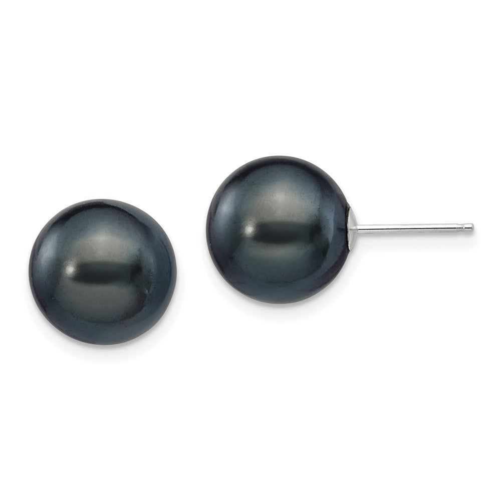 14k White Gold 10- Black Round Freshwater Cultured Pearl Stud Post Earrings