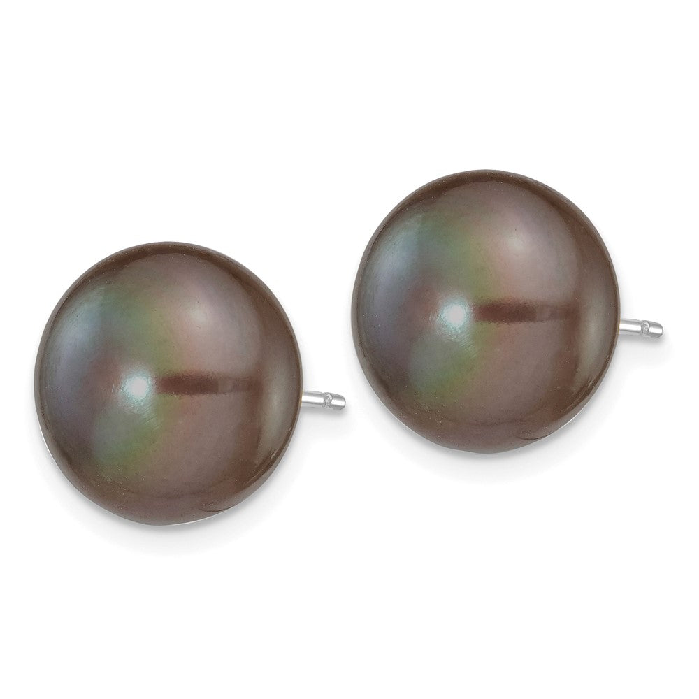 14k White Gold 11- Black Button Freshwater Cultured Pearl Stud Post Earrings