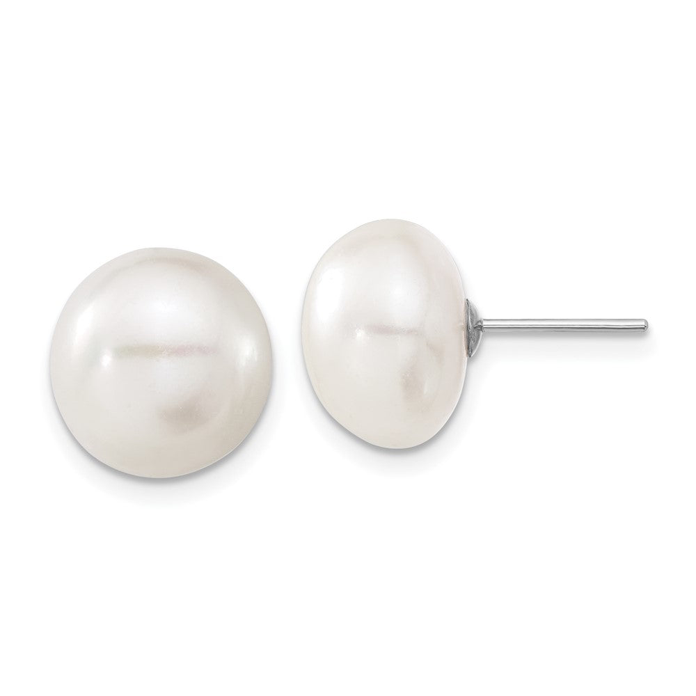 14k White Gold 11- White Button Freshwater Cultured Pearl Stud Post Earrings
