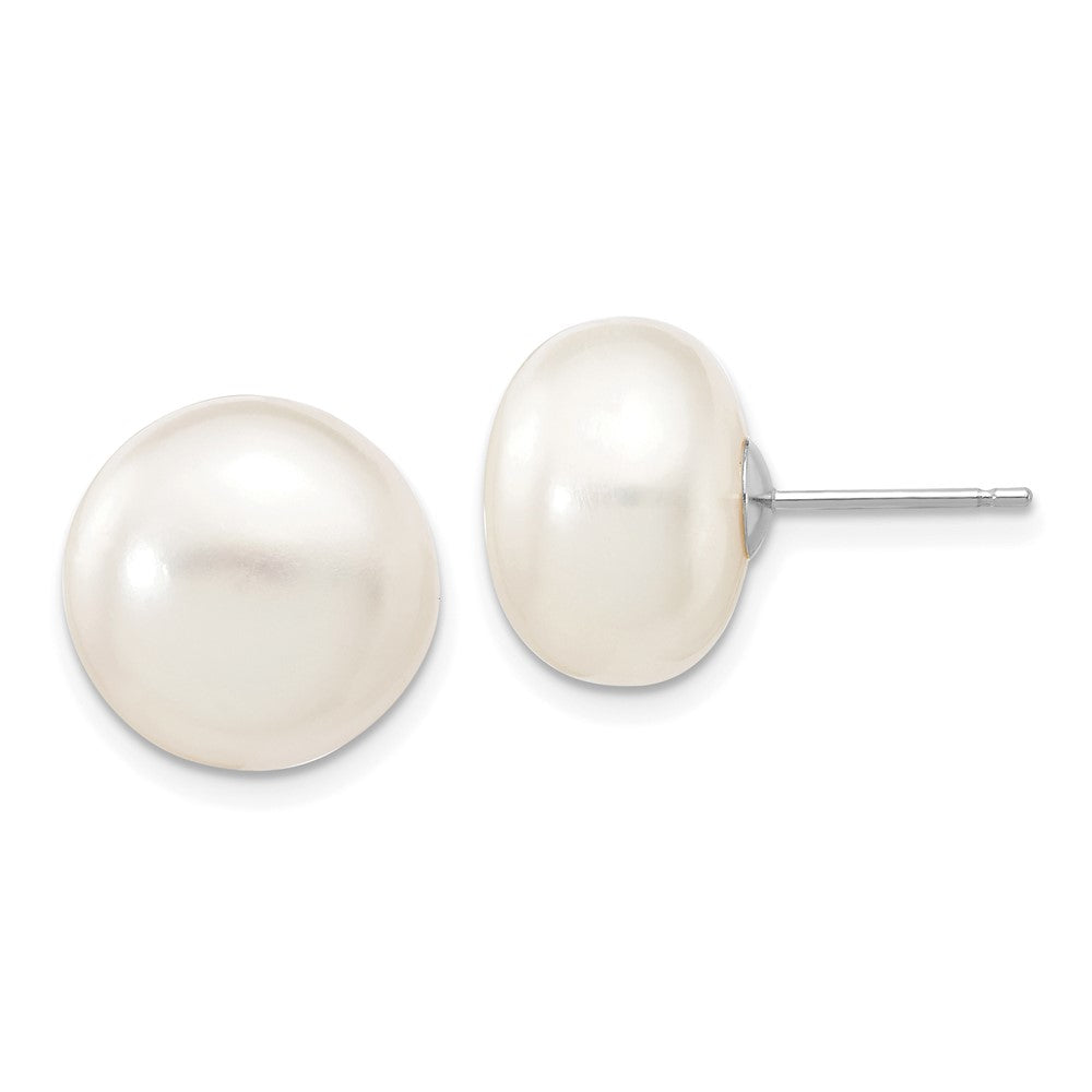14k White Gold 12- White Button Freshwater Cultured Pearl Stud Post Earrings