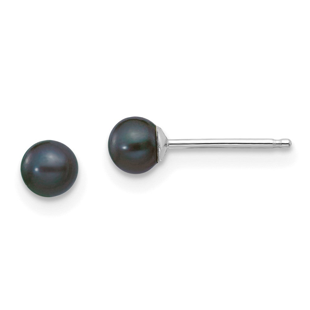 14k White Gold 3- Black Round Freshwater Cultured Pearl Stud Post Earrings