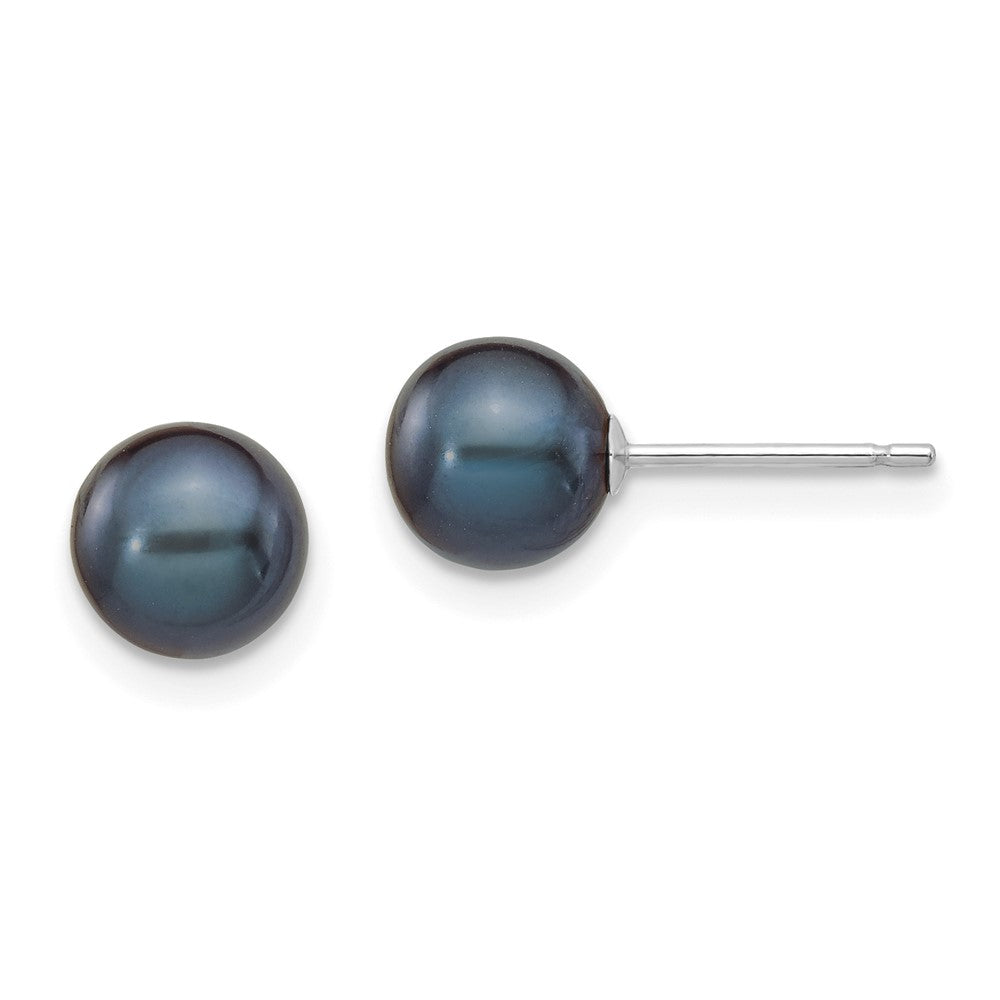 14k White Gold 6- Black Round Freshwater Cultured Pearl Stud Post Earrings