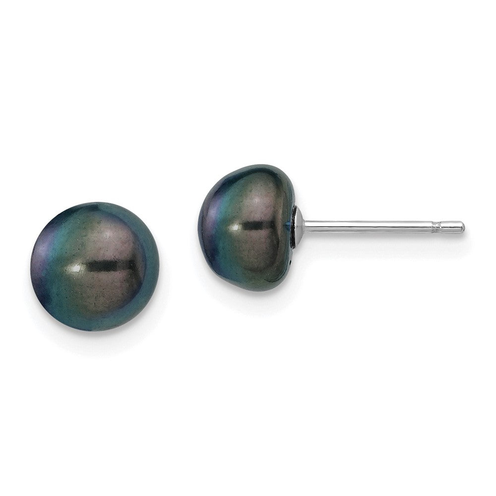 14k White Gold 7- Black Button Freshwater Cultured Pearl Stud Post Earrings
