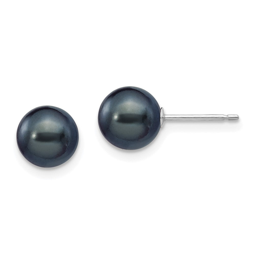 14k White Gold 7- Black Round Freshwater Cultured Pearl Stud Post Earrings