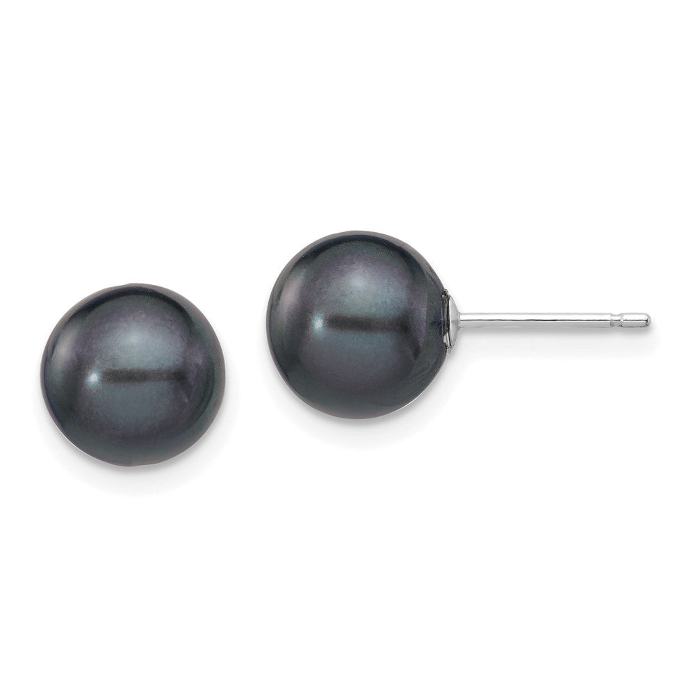 14k White Gold 8- Black Round Freshwater Cultured Pearl Stud Post Earrings