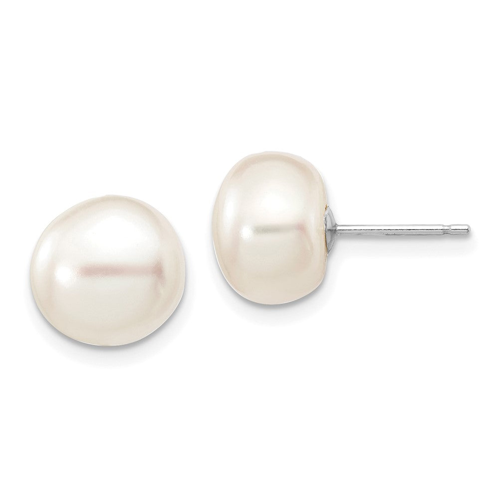 14k White Gold 9- White Button Freshwater Cultured Pearl Stud Post Earrings