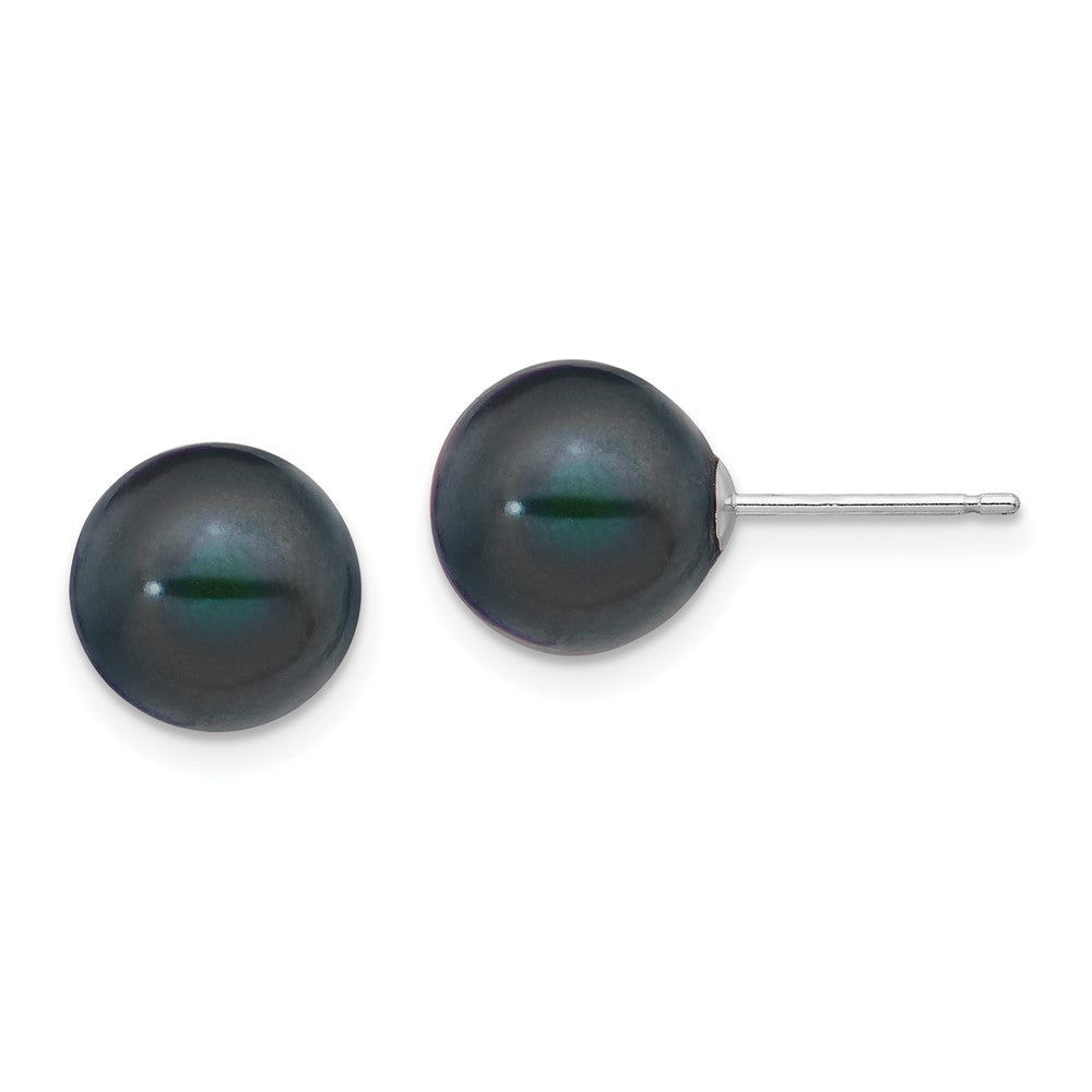 14k White Gold 9- Black Round Freshwater Cultured Pearl Stud Post Earrings