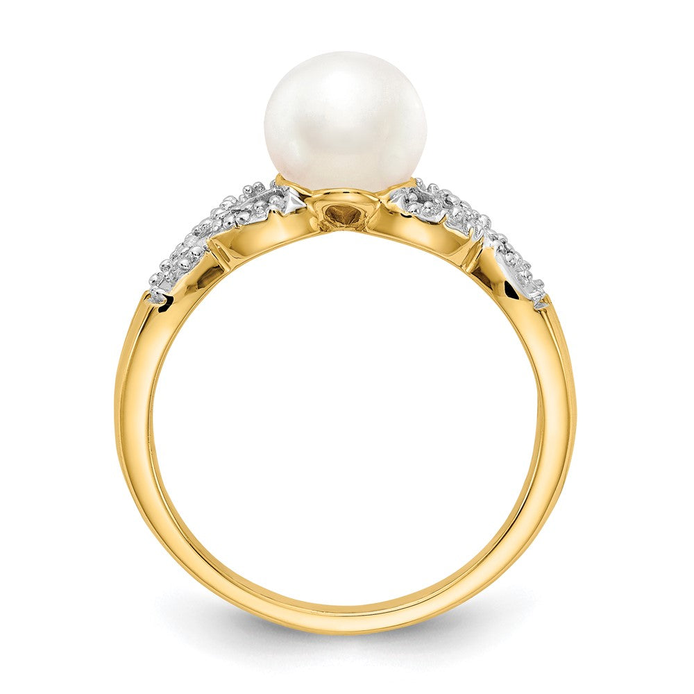 14k 6- Freshwater Cultured Pearl and Diamond -X- Ring