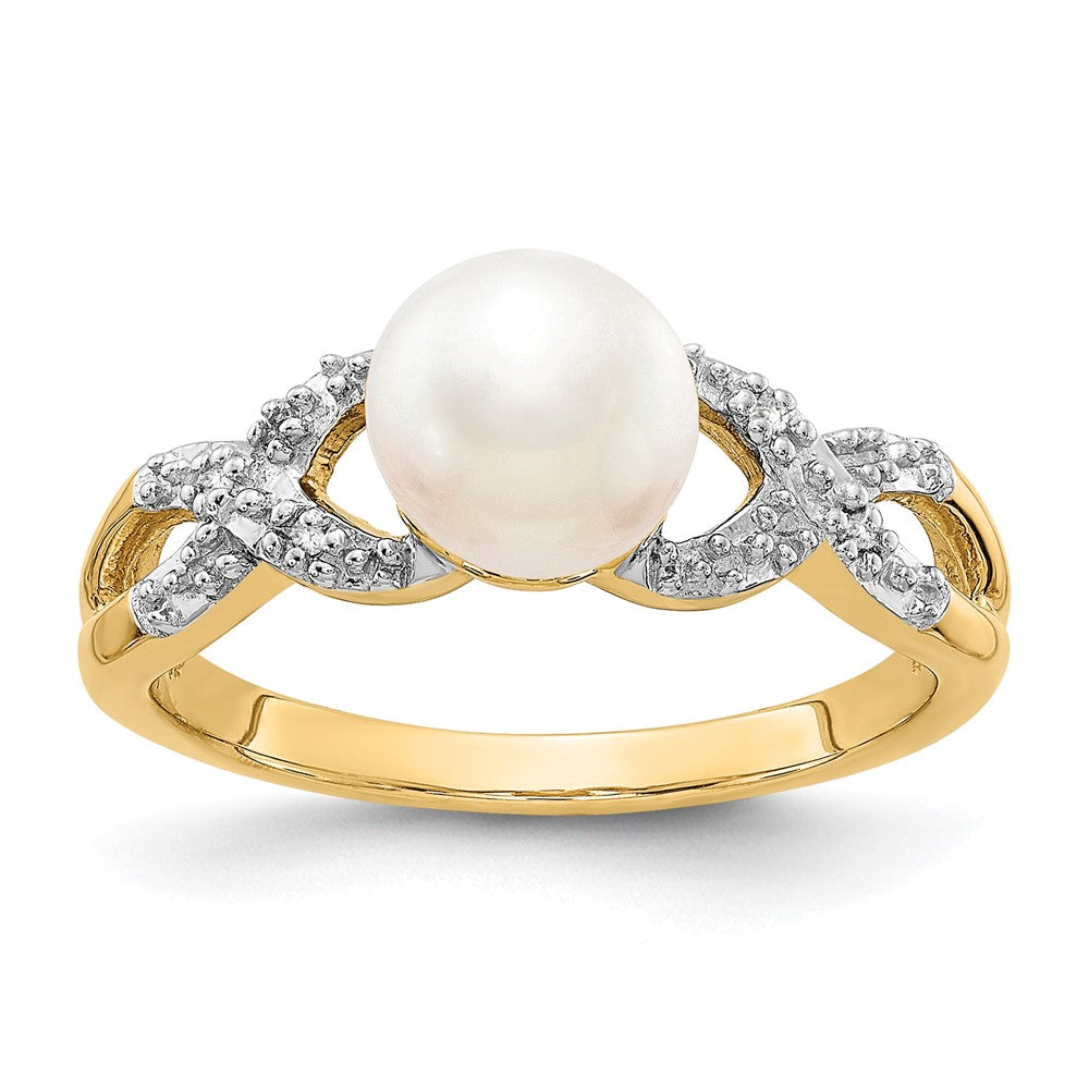 14k 6- Freshwater Cultured Pearl and Diamond -X- Ring