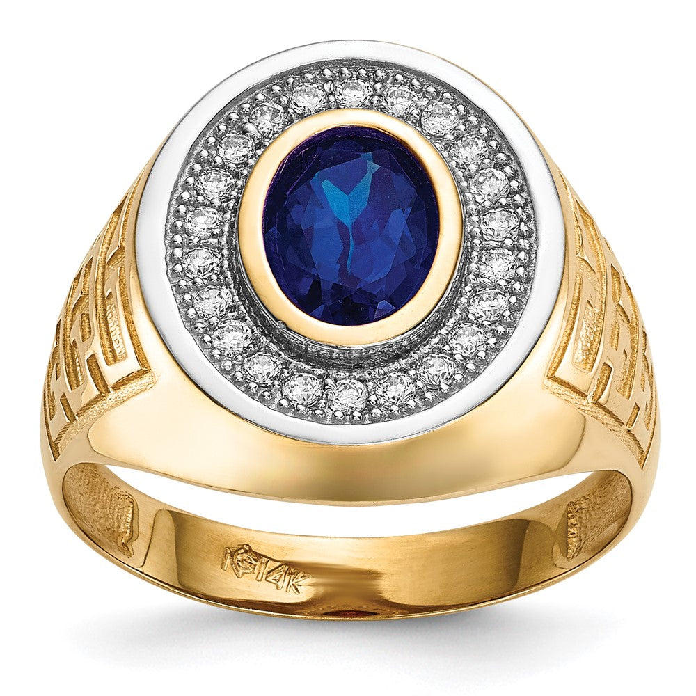 14k w/ Rhodium CZ & Oval Blue CZ Mens Ring