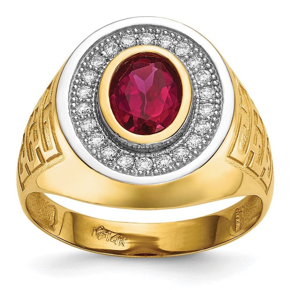 14k w/ Rhodium CZ & Oval Red CZ Mens Ring