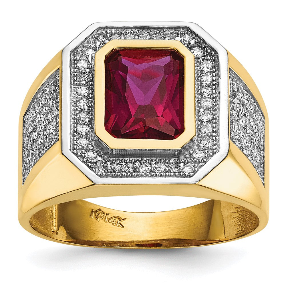 IB Goodman 14k and White Rhodium CZ and Emerald-cut Red CZ Mens Ring