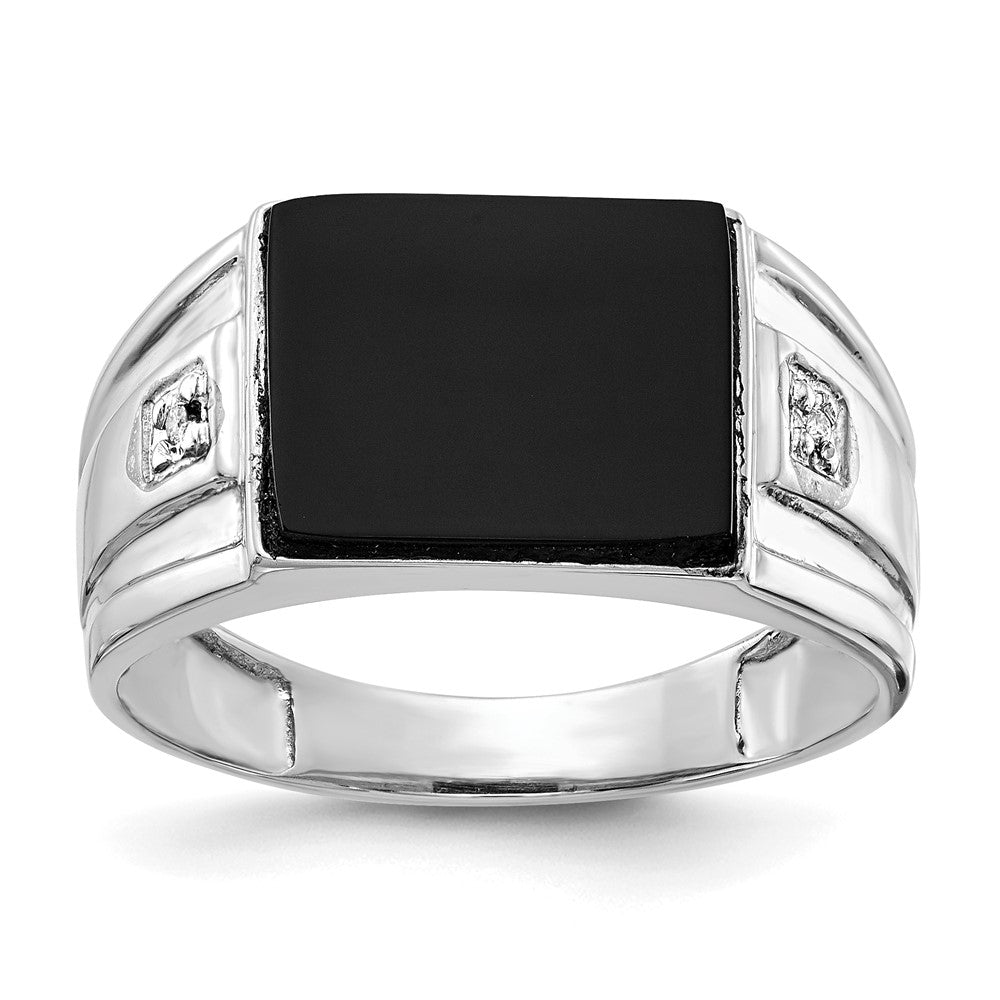 IB Goodman 14k White Gold 10x Rectangle Onyx and AA Diamond Mens Ring