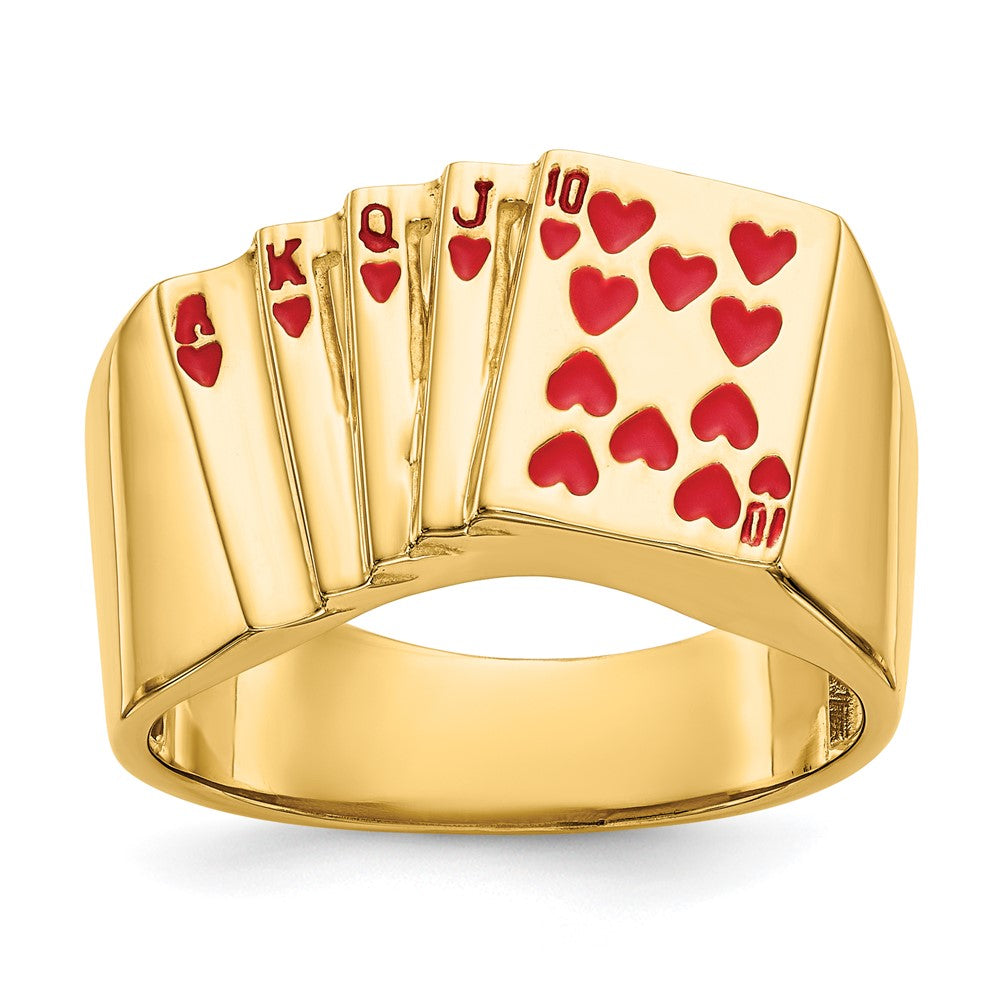 14k Enameled Royal Flush in Hearts Mens Ring