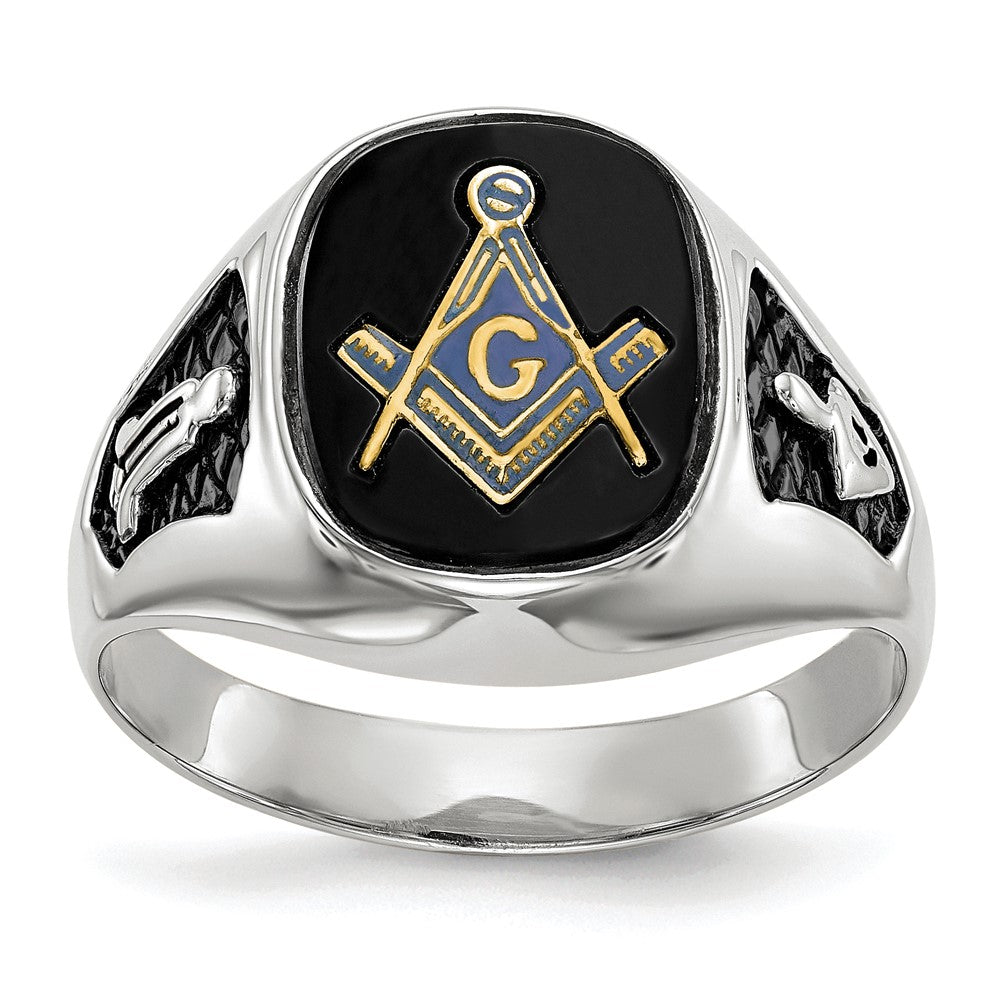 14k White Gold Men's Polished and Textured with Black Enamel and Onyx Masonic Ring