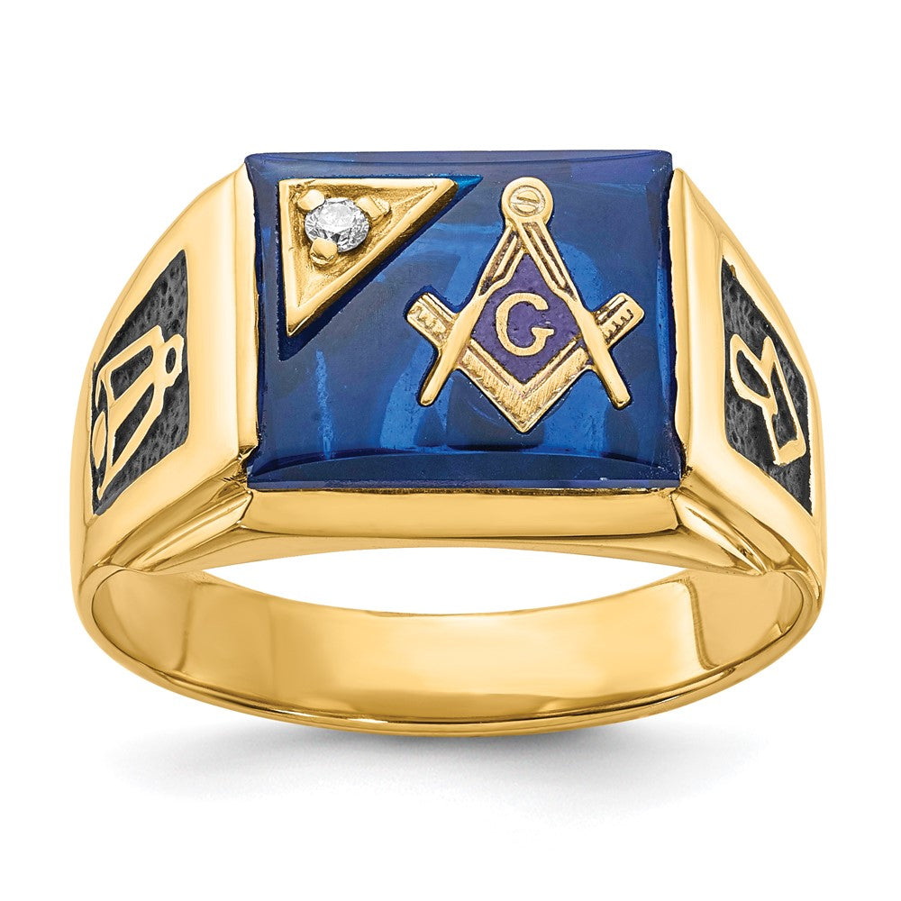 14k Men's Polished and Textured with Black Enamel, Imitation Blue Spinel and A Quality Diamond Masonic Ring