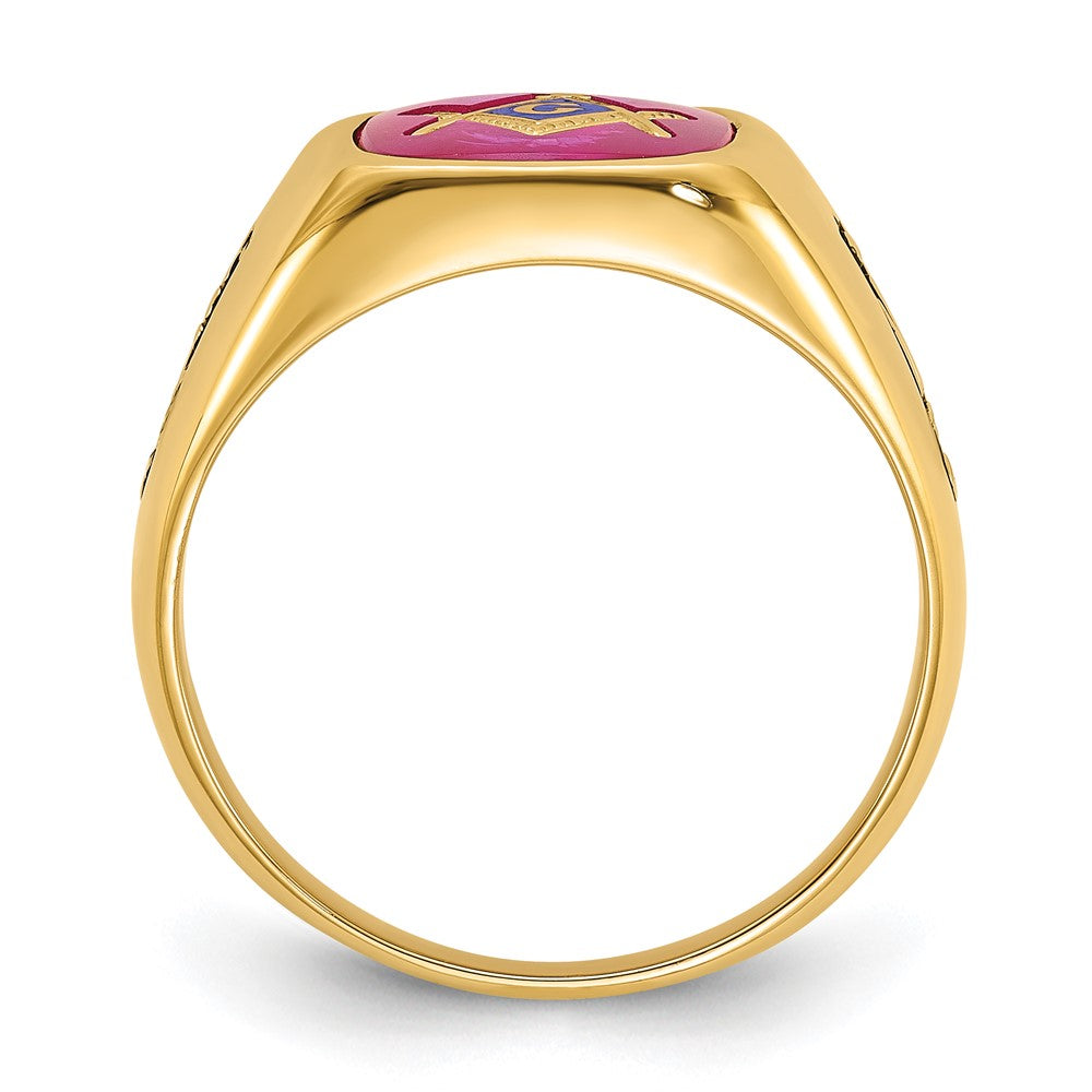 14k Men's Polished and Textured with Black Enamel and Lab Created Ruby Masonic Ring