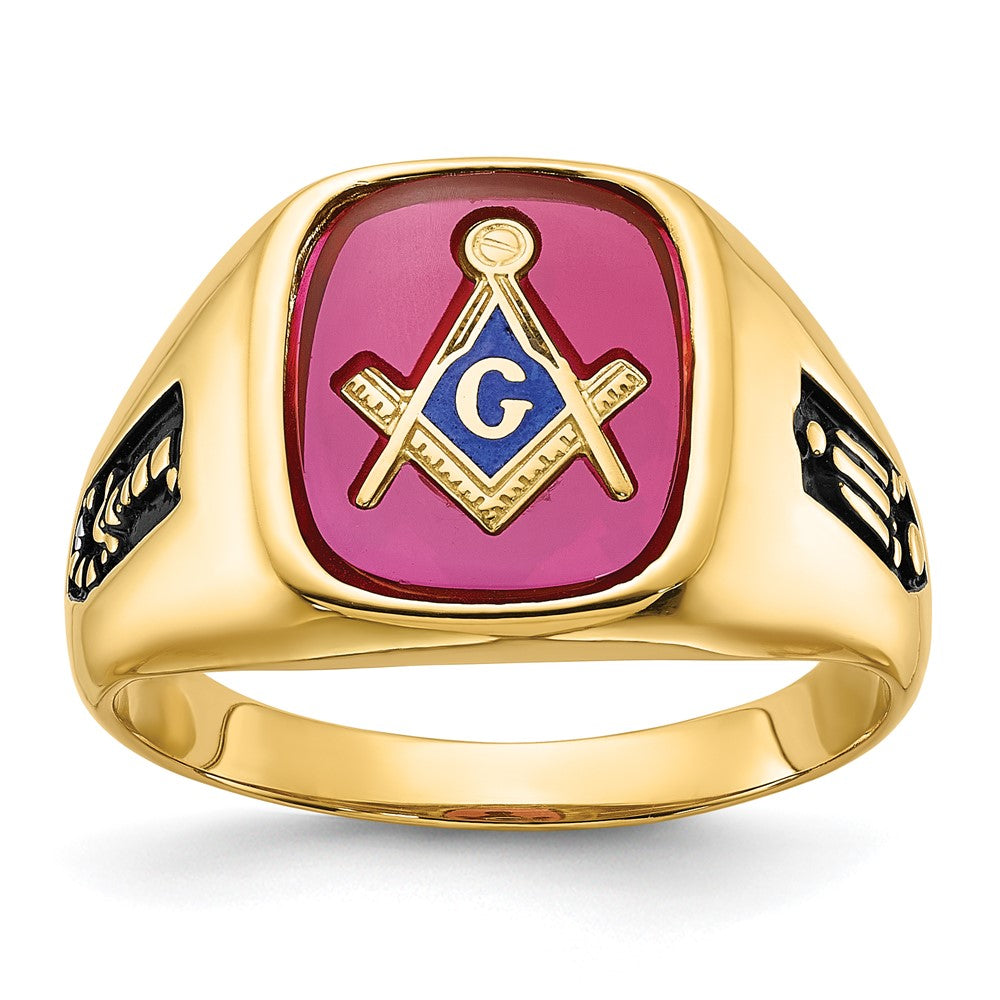 14k Men's Polished and Textured with Black Enamel and Lab Created Ruby Masonic Ring