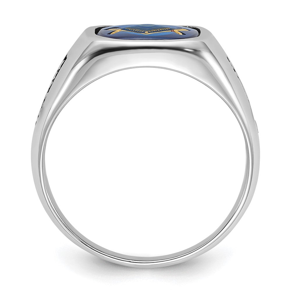IB Goodman 14k White Gold Mens Polished and Grooved with Black Enamel and Imitation Blue Spinel Masonic Ring