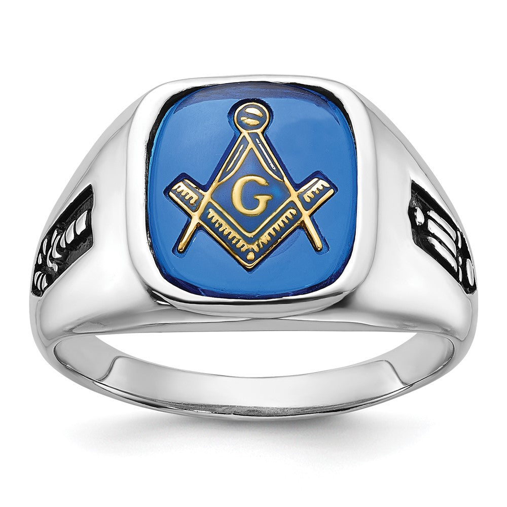 14k White Gold Men's Polished and Grooved with Black Enamel and Imitation Blue Spinel Masonic Ring