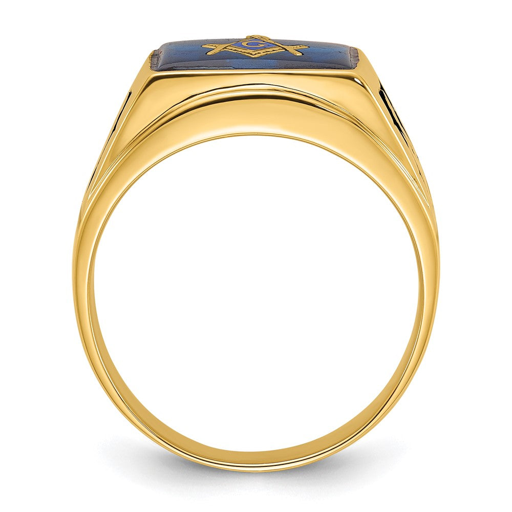 14k Men's Polished and Textured with Black Enamel and Imitation Blue Spinel Masonic Ring